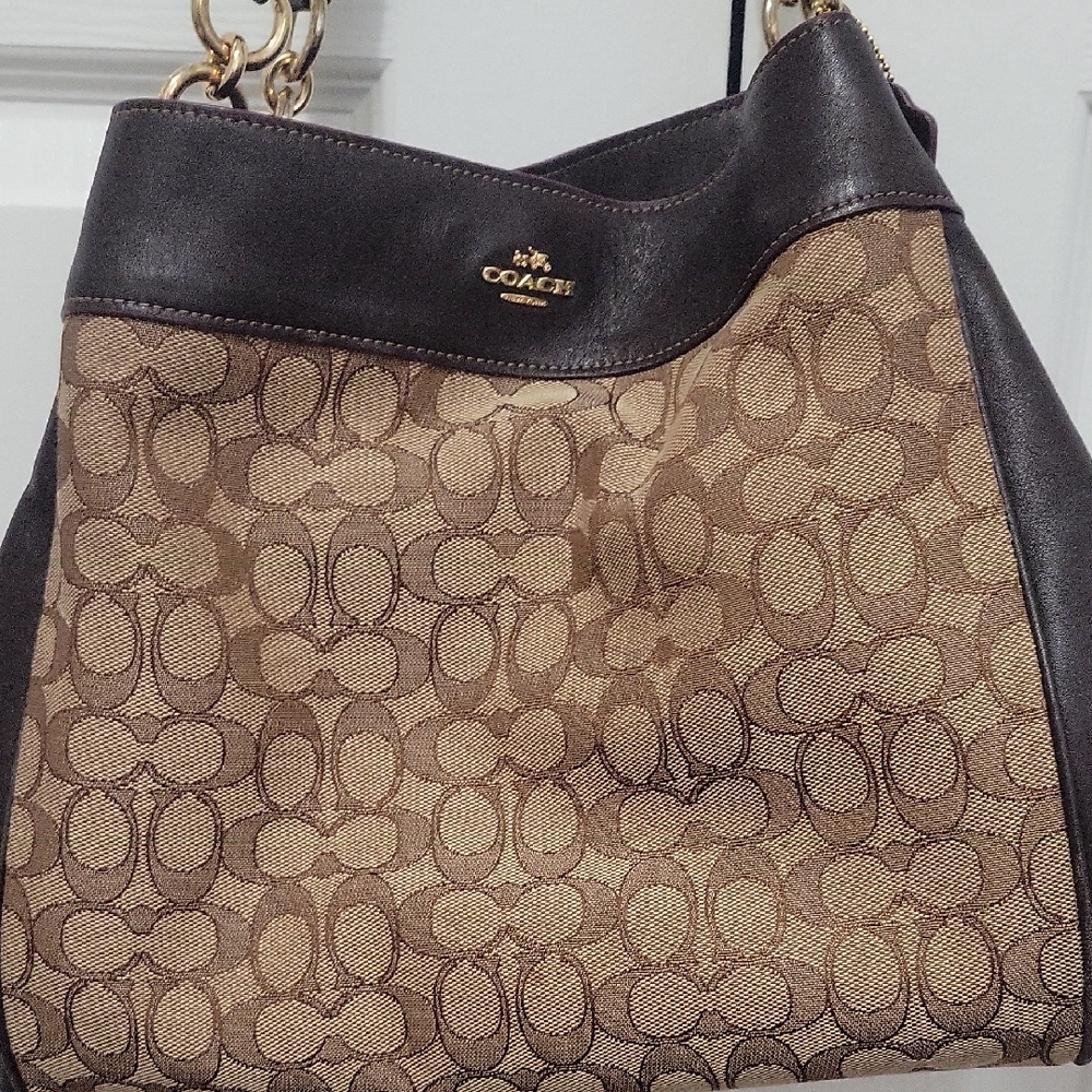 Coach Brown and Tan Signature Shoulder Bag